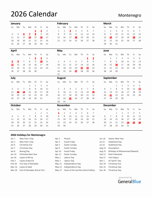 Standard Holiday Calendar for 2026 with Montenegro Holidays 