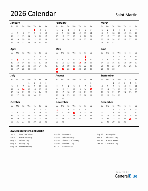Standard Holiday Calendar for 2026 with Saint Martin Holidays 