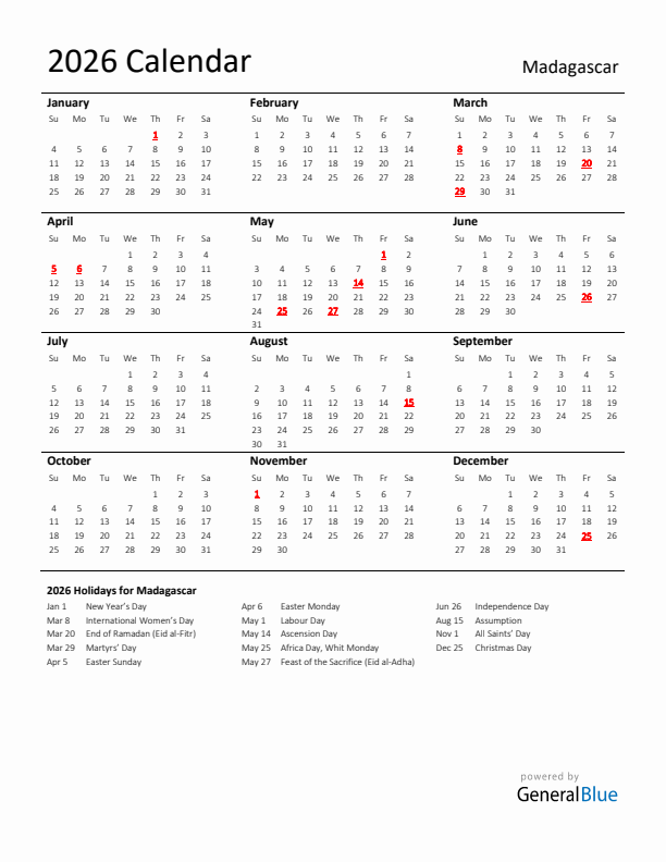Standard Holiday Calendar for 2026 with Madagascar Holidays
