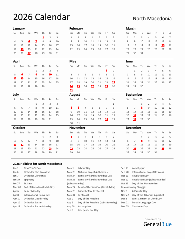 Standard Holiday Calendar for 2026 with North Macedonia Holidays 