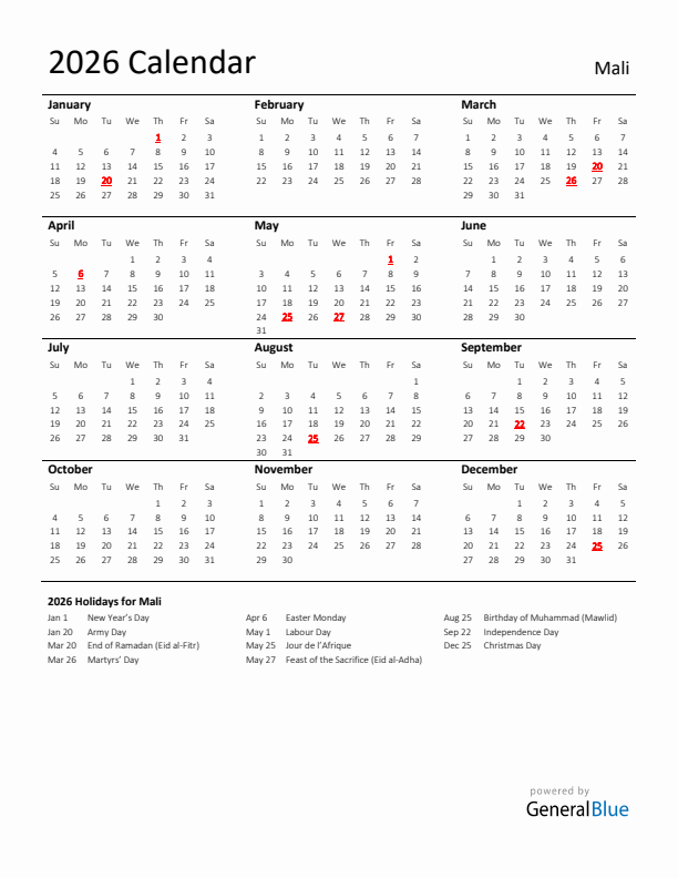Standard Holiday Calendar for 2026 with Mali Holidays 