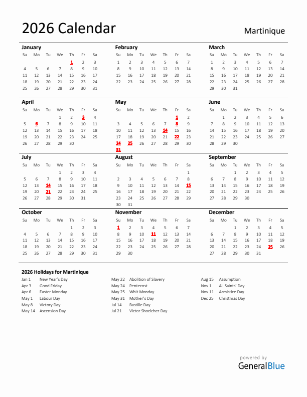 Standard Holiday Calendar for 2026 with Martinique Holidays