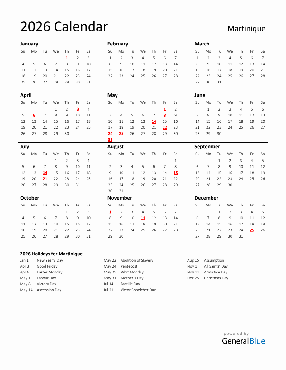 Standard Holiday Calendar for 2026 with Martinique Holidays