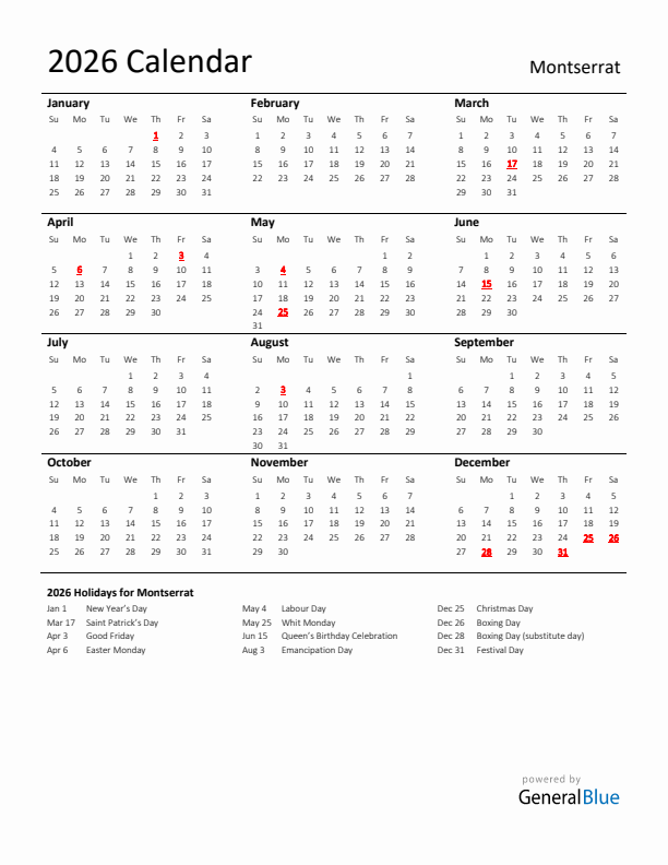 Standard Holiday Calendar for 2026 with Montserrat Holidays 