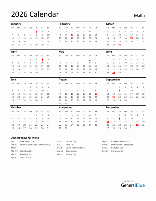 Standard Holiday Calendar for 2026 with Malta Holidays
