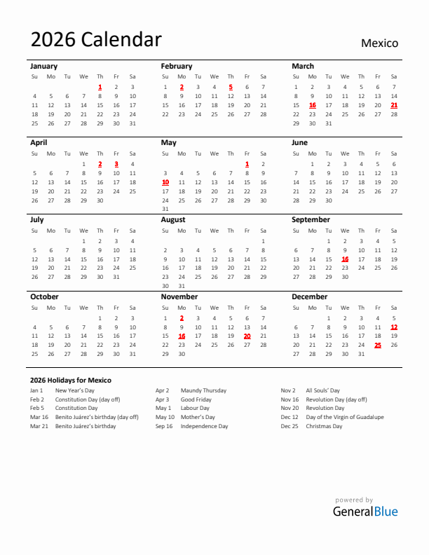 Standard Holiday Calendar for 2026 with Mexico Holidays