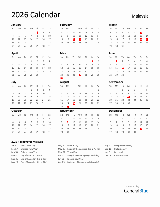 Standard Holiday Calendar for 2026 with Malaysia Holidays 