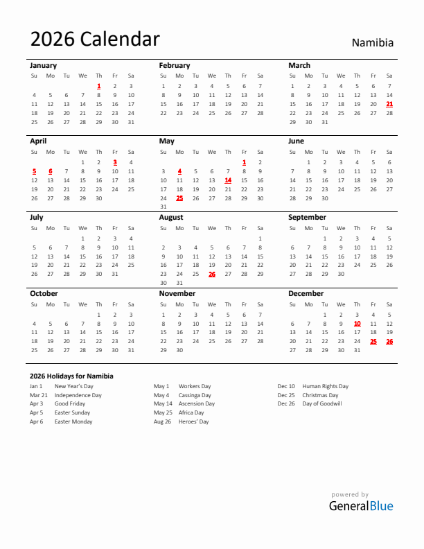 2026 Namibia Calendar With Holidays