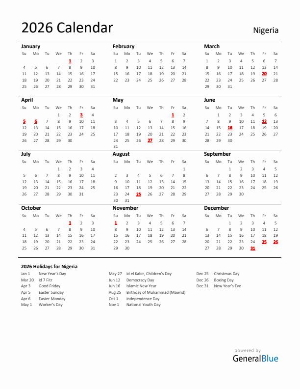 Standard Holiday Calendar for 2026 with Nigeria Holidays 