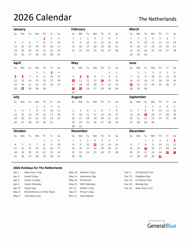 Standard Holiday Calendar for 2026 with The Netherlands Holidays