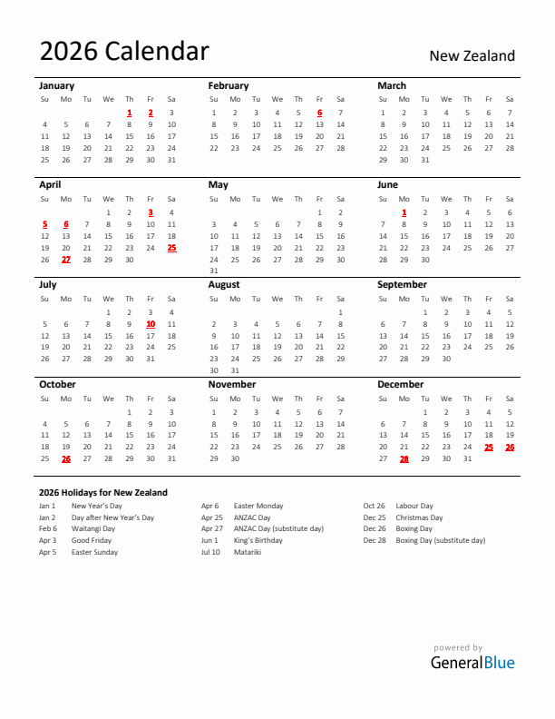Standard Holiday Calendar for 2026 with New Zealand Holidays