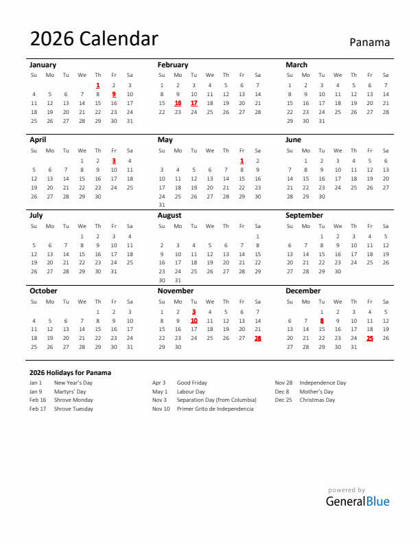 Standard Holiday Calendar for 2026 with Panama Holidays