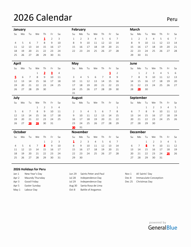 Standard Holiday Calendar for 2026 with Peru Holidays