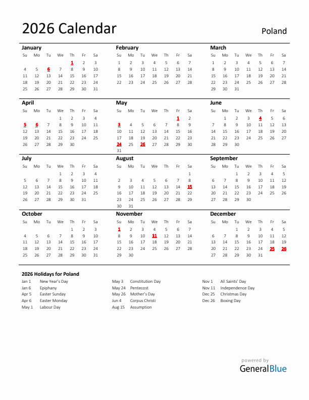Standard Holiday Calendar for 2026 with Poland Holidays