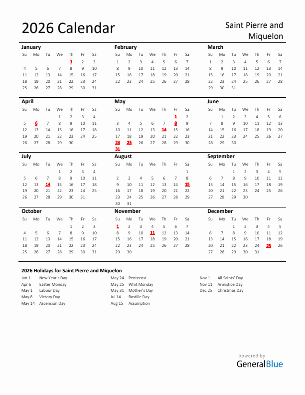 Standard Holiday Calendar for 2026 with Saint Pierre and Miquelon Holidays 
