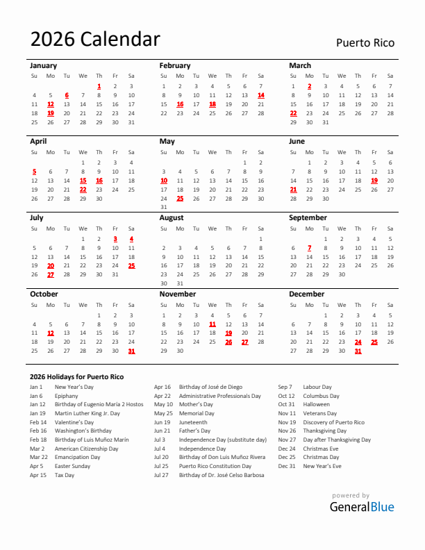 Standard Holiday Calendar for 2026 with Puerto Rico Holidays 