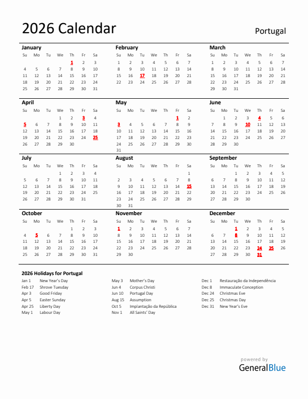 Standard Holiday Calendar for 2026 with Portugal Holidays