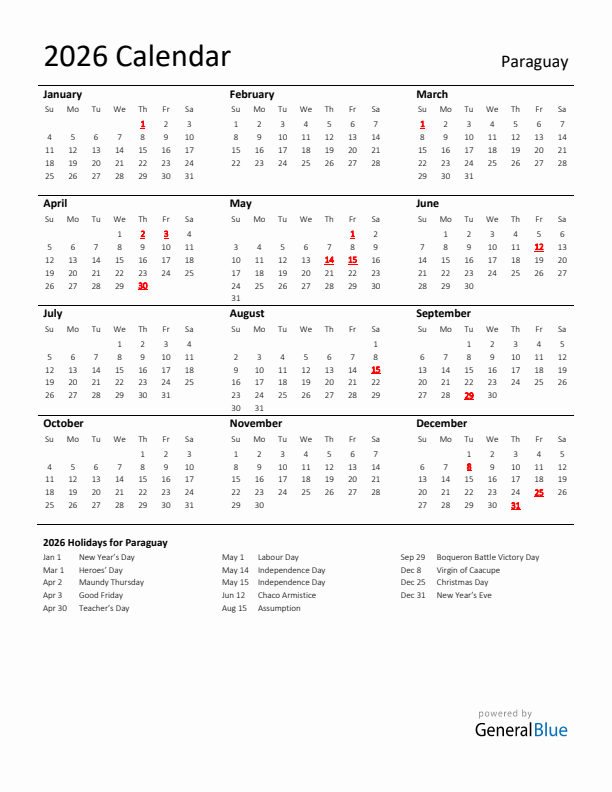 Standard Holiday Calendar for 2026 with Paraguay Holidays