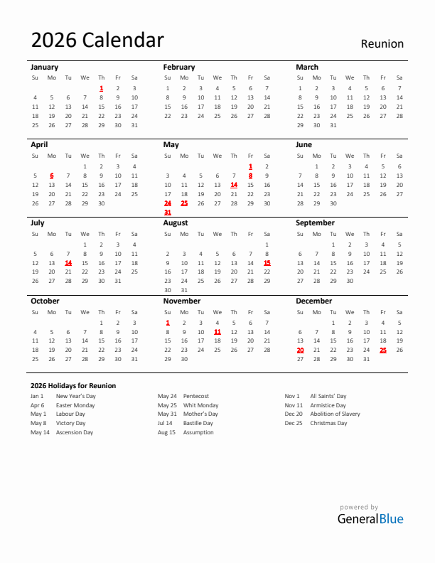 Standard Holiday Calendar for 2026 with Reunion Holidays
