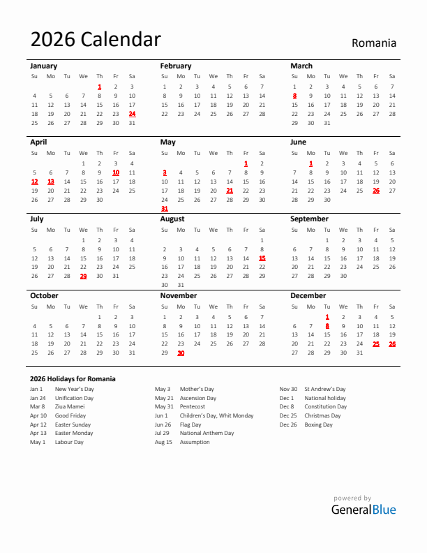 Standard Holiday Calendar for 2026 with Romania Holidays