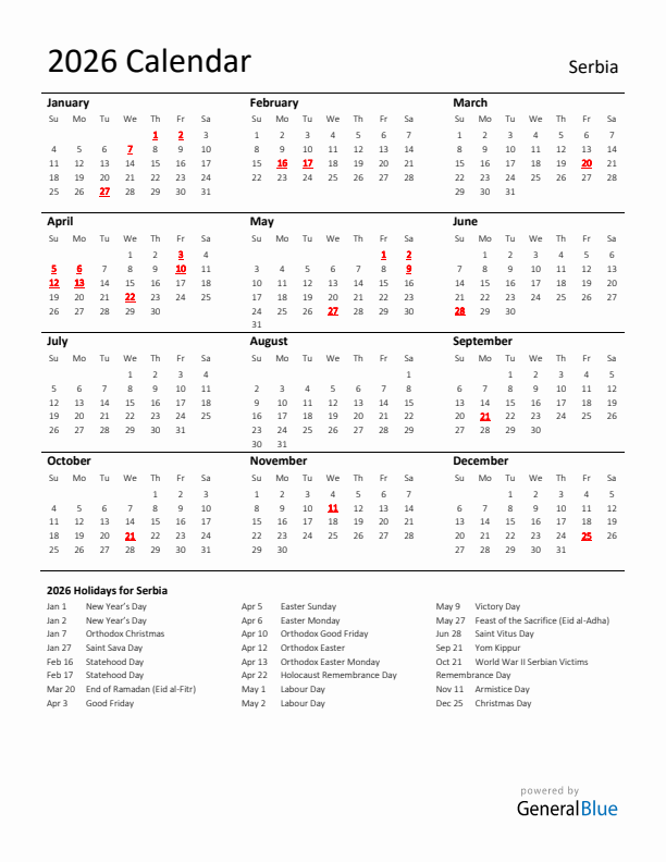 Standard Holiday Calendar for 2026 with Serbia Holidays