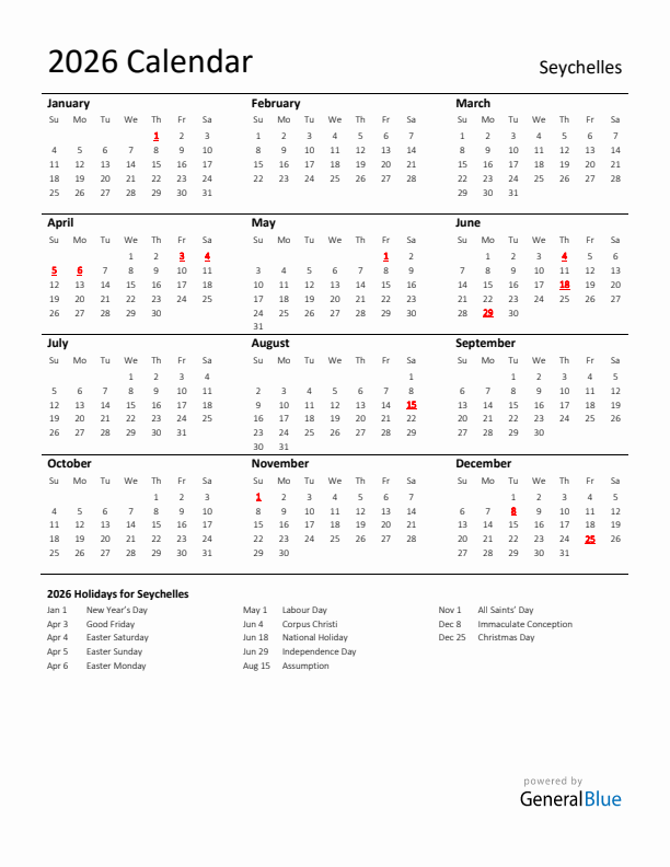 Standard Holiday Calendar for 2026 with Seychelles Holidays 