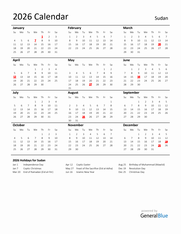 Standard Holiday Calendar for 2026 with Sudan Holidays 