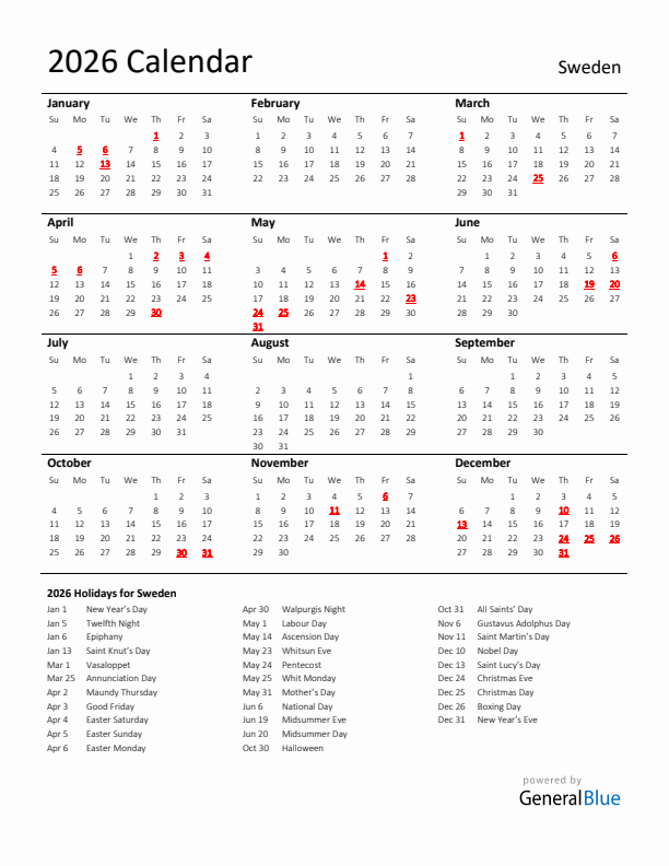 Standard Holiday Calendar for 2026 with Sweden Holidays