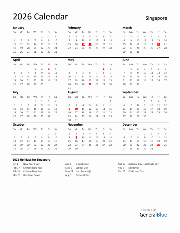 Standard Holiday Calendar for 2026 with Singapore Holidays