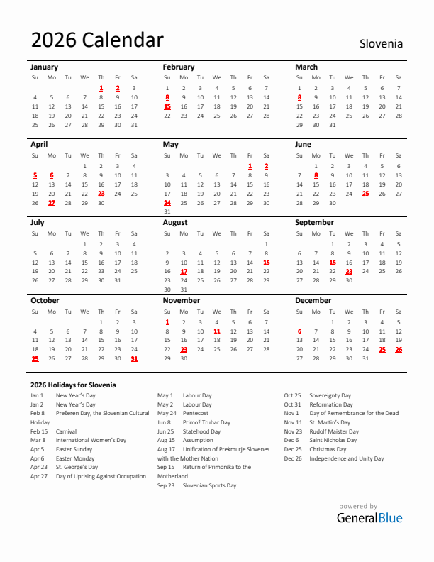 Standard Holiday Calendar for 2026 with Slovenia Holidays