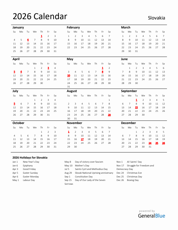 Standard Holiday Calendar for 2026 with Slovakia Holidays