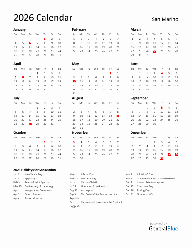 Standard Holiday Calendar for 2026 with San Marino Holidays