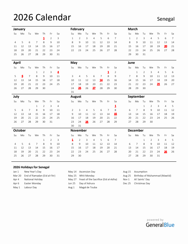 Standard Holiday Calendar for 2026 with Senegal Holidays 
