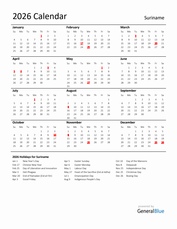 Standard Holiday Calendar for 2026 with Suriname Holidays 