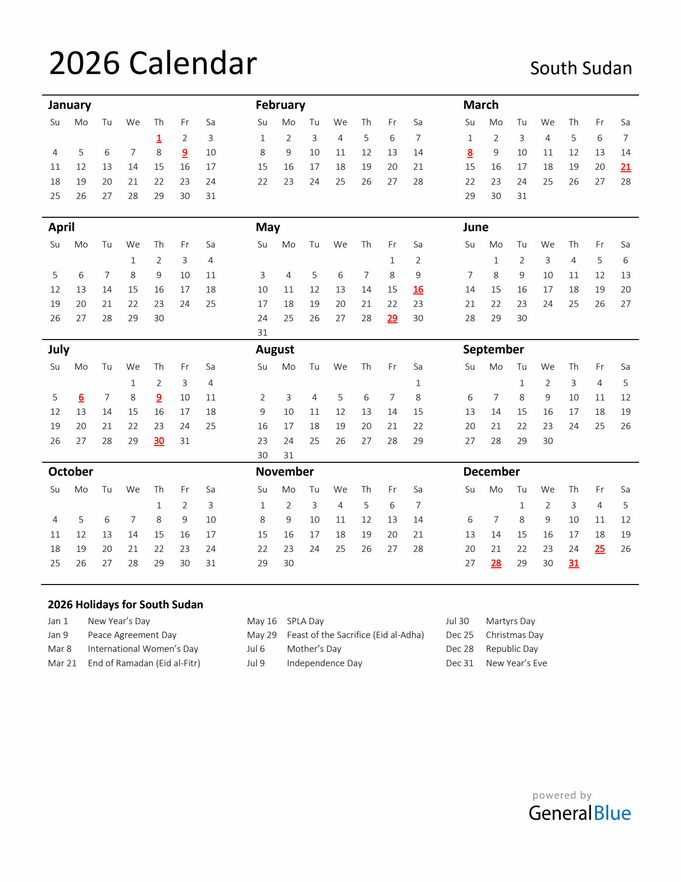 Standard Holiday Calendar for 2026 with South Sudan Holidays