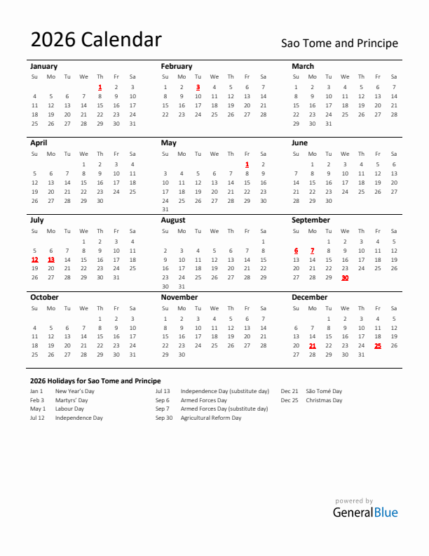 Standard Holiday Calendar for 2026 with Sao Tome and Principe Holidays 