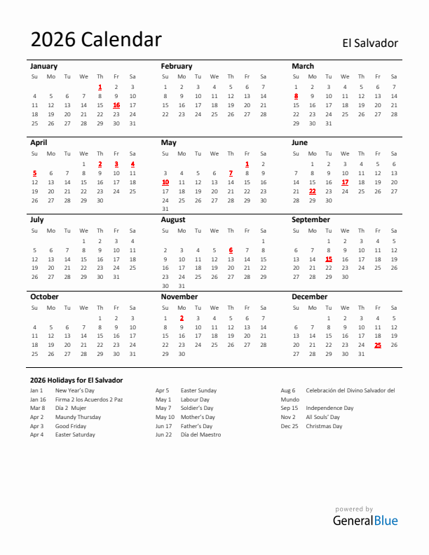 Standard Holiday Calendar for 2026 with El Salvador Holidays