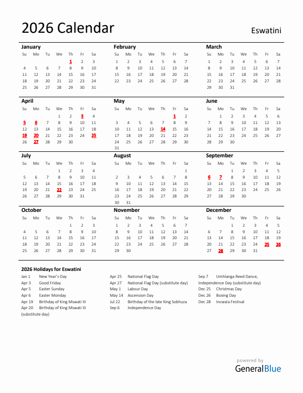 Standard Holiday Calendar for 2026 with Eswatini Holidays 