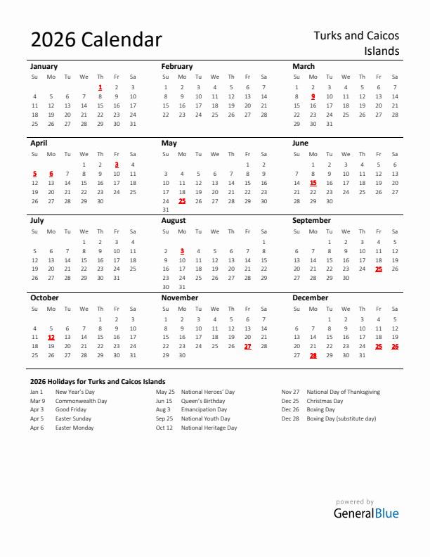 Standard Holiday Calendar for 2026 with Turks and Caicos Islands Holidays 
