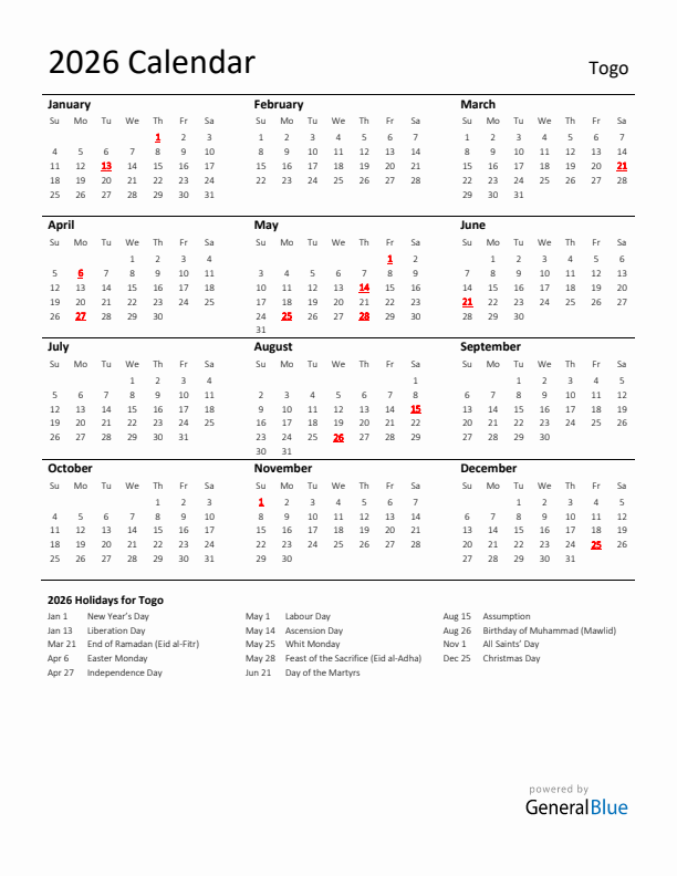 Standard Holiday Calendar for 2026 with Togo Holidays