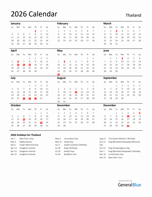 Standard Holiday Calendar for 2026 with Thailand Holidays 
