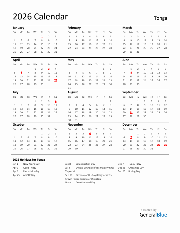 Standard Holiday Calendar for 2026 with Tonga Holidays 
