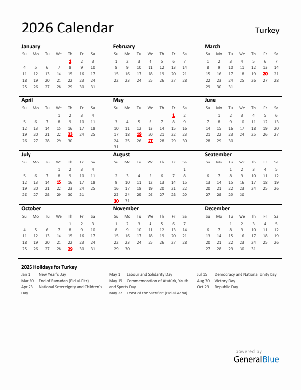 Standard Holiday Calendar for 2026 with Turkey Holidays