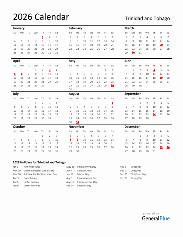 Standard Holiday Calendar for 2026 with Trinidad and Tobago Holidays 