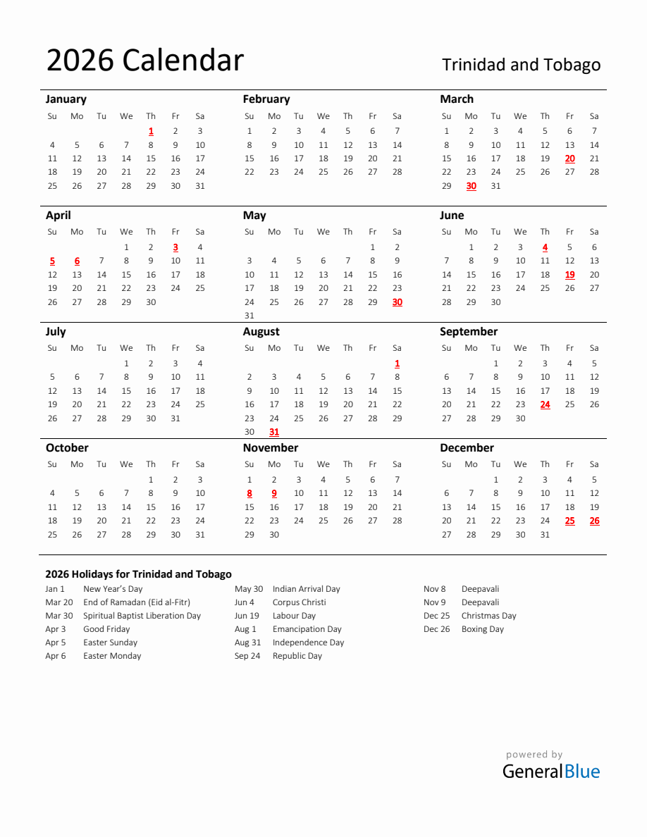 Standard Holiday Calendar for 2026 with Trinidad and Tobago Holidays