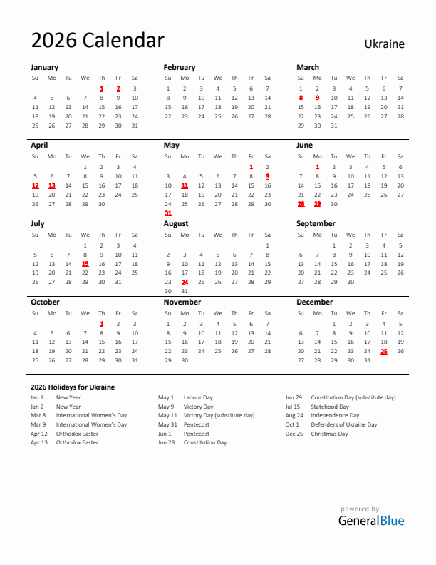 Standard Holiday Calendar for 2026 with Ukraine Holidays