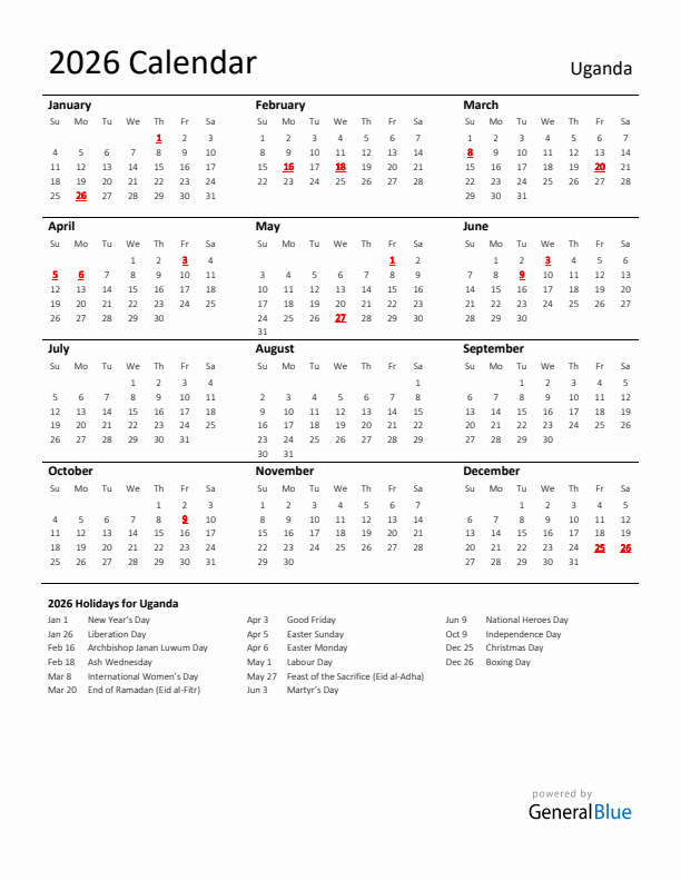 Standard Holiday Calendar for 2026 with Uganda Holidays