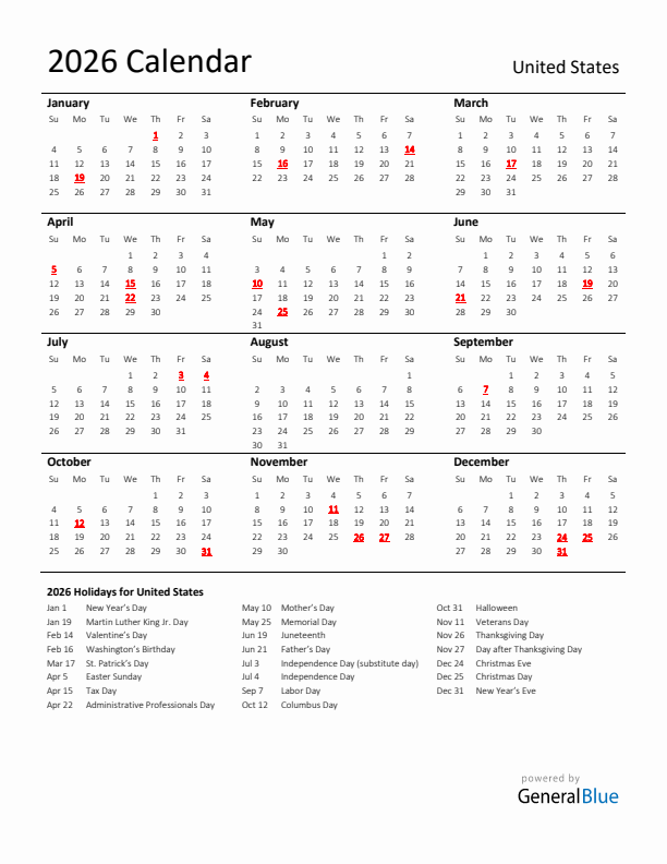 Standard Holiday Calendar for 2026 with United States Holidays