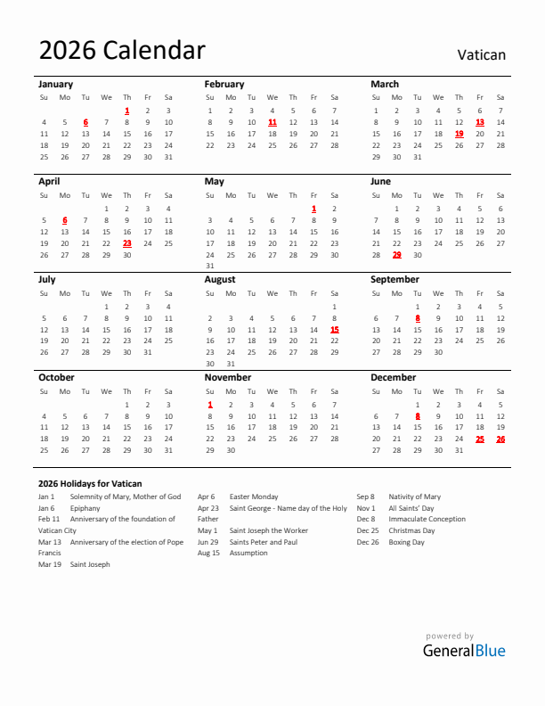 Standard Holiday Calendar for 2026 with Vatican Holidays
