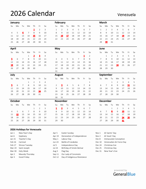 Standard Holiday Calendar for 2026 with Venezuela Holidays